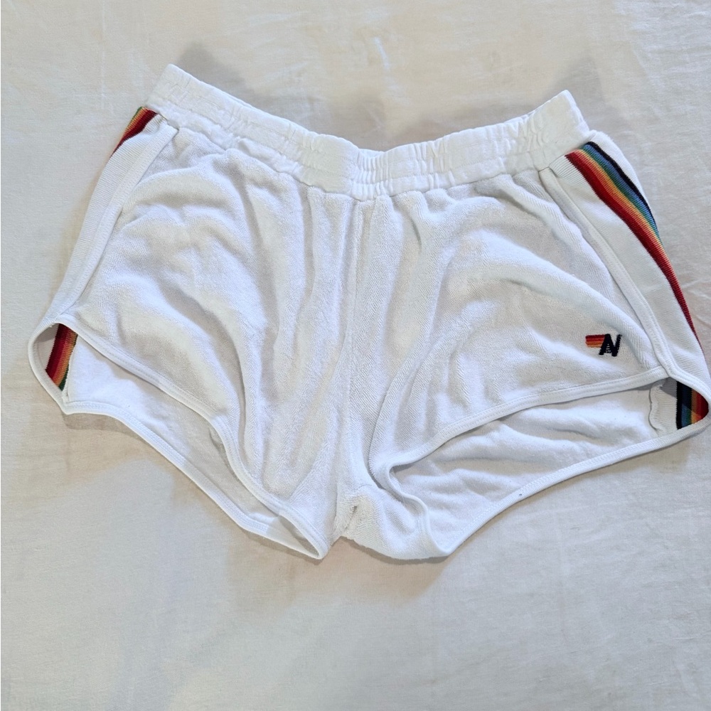 Aviator Nation White Terry Shorts with Rainbow Stripe